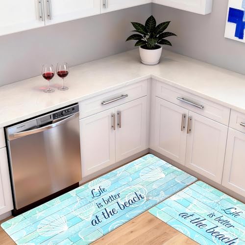Beach Kitchen Mats for Floor Coastal Kitchen Rugs Cushioned Anti Fatigue Mats for Sink, Stove, Desk, Laundry,17"x30"+17"x47", Blue