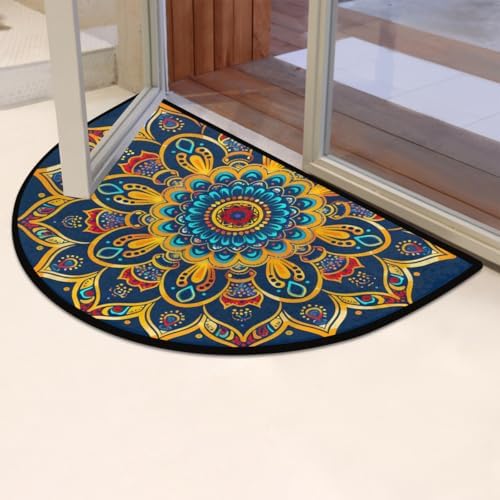 Pardick Boho Mandala Flower Half Round Door Mat, Non-Slip Welcome Indoor Entrance Way Rug Semi Circle Front Doormats Washable Bathroom Kitchen Floor Mat, Outdoor Rugs for Garage, Patio, Hearth Rug