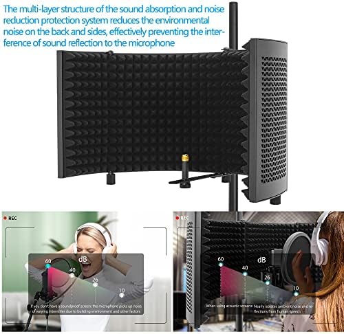 Microphone Isolation Shield with Stand Curved Panel, Foldable Mic Shield with Triple Sound Insulation, Studio Mic Sound Absorbing Foam Reflector for Sound Recording, Podcasts