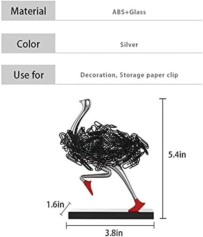 Running Ostrich Magnetic Paperclip Holder Funny Office Desk Decor Decorative Jewelry Storage Dispenser Silver Creative Small Gifts for Friends Coworkers