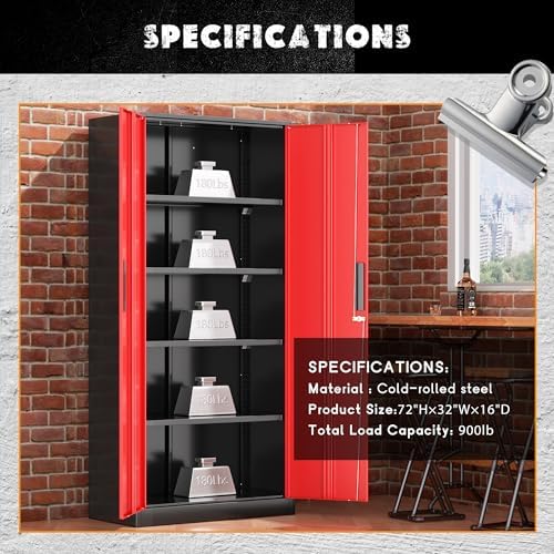 Greenvelly Metal Garage Storage Cabinet with Lock, 72" Metal Storage Cabinet with 2Doors and 4Adjustable Shelves, Steel Tool Cabinet for Home Office, School,Gym (Black&Red)