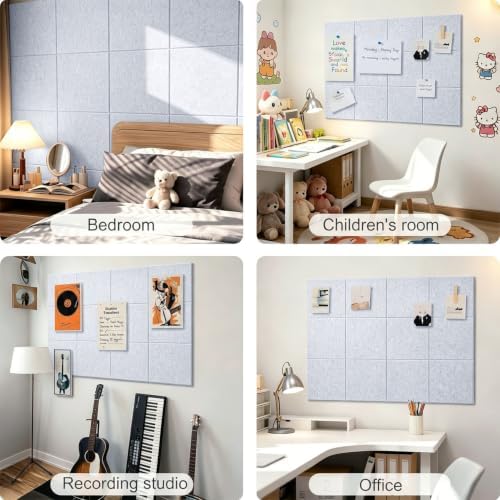 Felt Wall Tiles Bulletin Board Large Cork Board Alternative 6 Pack 11.81”x11.81”x0.47” Felt Pin Board Tack Board with Safe Removable Adhesive Tabs for Home Office School 36x24 (Silver Grey)
