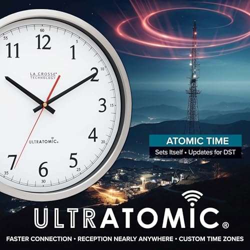 La Crosse Technology 404-1235UA-PL UltrAtomic 14 inch Stainless Steel Wall Clock, Shatterproof Lens, Silver