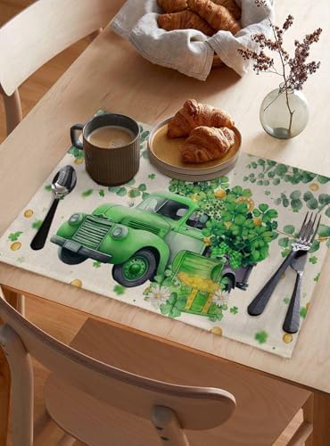 St Patricks Day Placemats Set of 4, Green Shamrock Clover Cotton Linen Table Mats Non-Slip Gold Coins Irish Spring Retro Green Truck Shamrocks Eucalyptus Leaves Placemat for Dining Kitchen Table