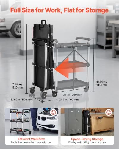 VEVOR 3 Shelf Heavy Duty Folding Jobsite Cart, 3 Tier Rolling Cart with Side Tool Holder & 360° Swivel Wheels (2 Brakes), 300 LBS Folding Utility Cart, Tool Storage for Garage Warehouse Workshop