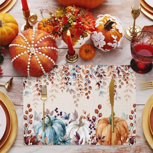 Fall Thanksgiving Placemats Set of 6, Watercolor Autumn Pumpkins Eucalyptus Leaves Heat Resistant Washable Linen Table Place Mats Party Holiday Decor for Home Kitchen Dining Outdoor Indoor,Blue Orange