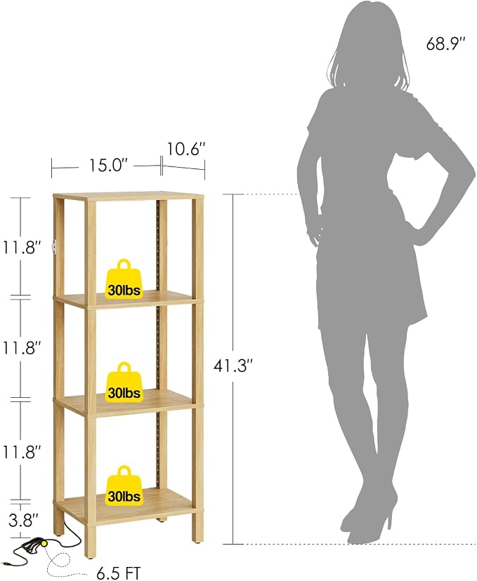 Open Book Shelf with LED Lights, 4 Tier Small Bookshelf, Freestanding Shelf Narrow Bookcase with Open Shelves, 14.96" x 10.63" x 41.26", Book Shelves for Living Room, Office, Study, Oak