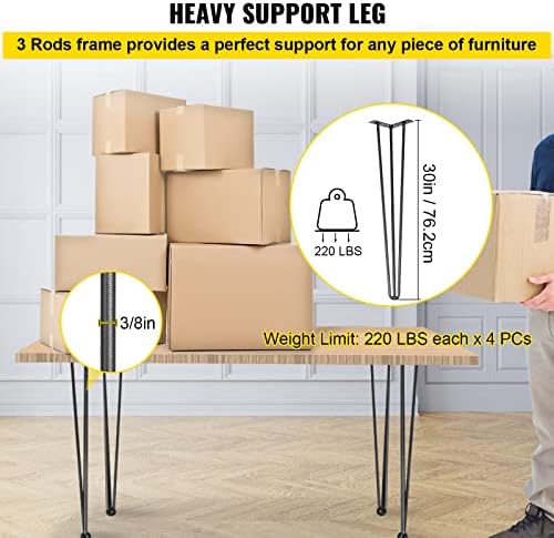 VEVOR Hairpin Table Legs 30" Black Set of 4 Desk Legs 880lbs Total Load Capacity Hairpin Desk Legs 3 Rods for Bench Desk Dining End Table Chairs Carbon Steel DIY Heavy Duty Furniture Legs