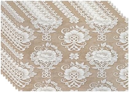 Batmerry Floral Linen Placemats Set of 8, Template White Lace Background Washable Table Mats for Kitchen Table Thickened Heat Insulation Dining Set Indoor Outdoor 12X18 in