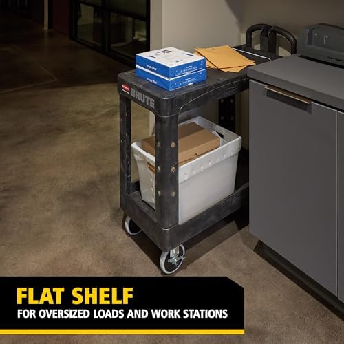 Rubbermaid Commercial Products Heavy Duty 2-Shelf Utility/Service Cart, Small, Flat Shelves, Ergonomic Handle, 500 lbs. Capacity, for Warehouse/Garage/Cleaning/Maintenance