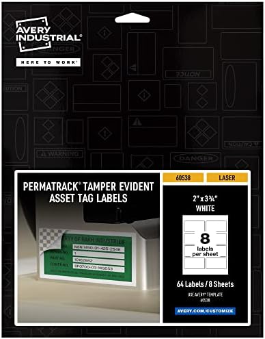 Avery White Asset Tag Labels, 3-3/4" x 2", Tamper-Evident Laser Printable Tags, 64 Waterproof Labels (60538)
