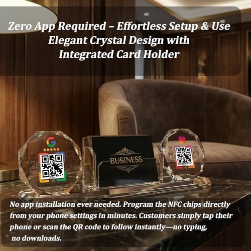 Dual Social Media Crystal Stand with Built-In Business Card Holder & NFC/QR Tech - No App Needed, One-Time Purchase, Lifetime Promotional Desktop Decor for Business (Display GG+ins)