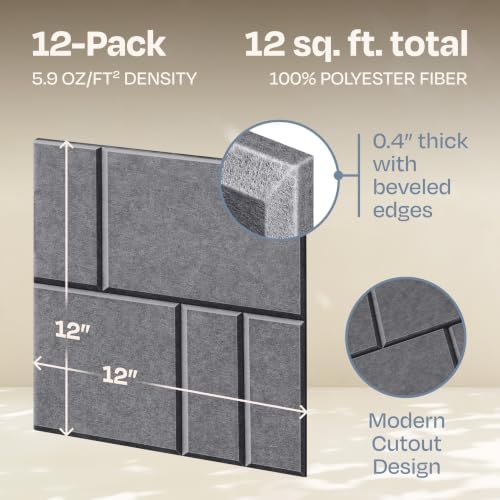 Acoustic Panels 12-Pack Soundproof Wall Panels 12"x12"x0.4" Decorative Sound Dampening for Your Home, Office, Studio, Bedroom & More with Unique GridFrame Carving [Pebble Gray]