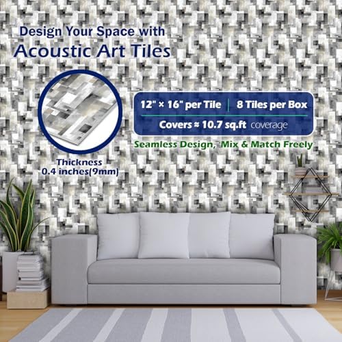 PINWELIFE® Acoustic Art Tiles – 8-Pack 12"x16" Sound Absorbing Panels, Seamless Wallpaper-Style Decorative Acoustic Wall Art, Echo Reduction for Home Studio/Office, Nano Tape Included