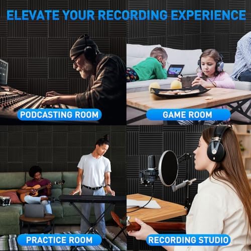 Focusound 120 Pack Acoustic Foam Panels 1" x 12" x 12" Sound Proof Foam Panels Soundproofing Noise Cancelling Wedge Panels for Home Office Recoding Studio with 600 PCS Double-Side Adhesive