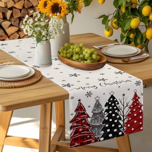 Red Black Christmas Tree Table Runner Dresser Scarf 13 x 108 Inch Polka Dots Xmas Tree Snowflake Linen Table Runners Non-Slip Heat Resistant Kitchen Dining Table Decor for Home Holidays Indoor Outdoor