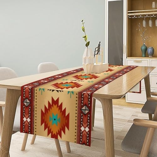 Aztec Southwest Table Runner, Ethnic Style Geometric Triditional Kitchen Table Runners Table Setting Decor for Garden Farmhouse Wedding Party Holiday Dinner Home, 13x90 Inch