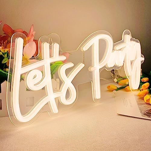 Lets Party Neon Sign with Dimmable for All Partys,17x7.5inch, Neon Lights for Wall Decor, Birthday, Wedding, Bachelorette Party, Valentine's Day Gifts Let's Party Neon Lights with 5V USB Cable, Warm White Cheers Sign
