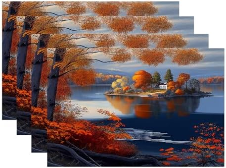 Batmerry Autumn Maple Forest Linen Placemats Set of 4, Lakes Islands Houses Paintings Landscapes Washable Table Mats for Kitchen Table Thickened Heat Insulation Dining Set Indoor Outdoor 12X18 in