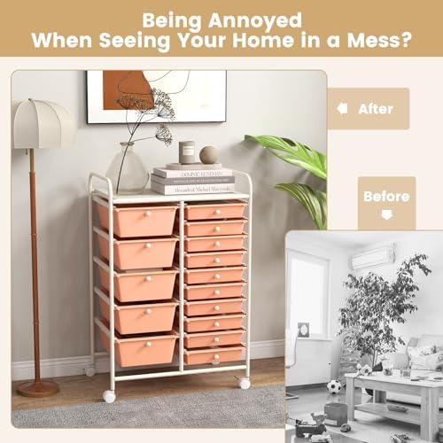 COSTWAY 15 Drawer Rolling Storage Cart, Mobile Utility Cart with Lockable Wheels, Drawers, Multipurpose Organizer Cart for Home, Office, School, Peach