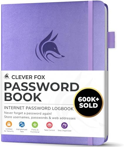 Clever Fox Password Book with Alphabetical Tabs, 4"x5.5" Keeper Lavender