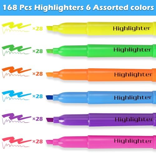 KIZZYEA 168 Pack Highlighters in 6 Assorted Colors, Chisel Tip Dry-Quickly Highlighters Bulk, No Bleed Highlighter Markers for Adult Kids, Office Classroom Must Have, School Supplies for Teachers
