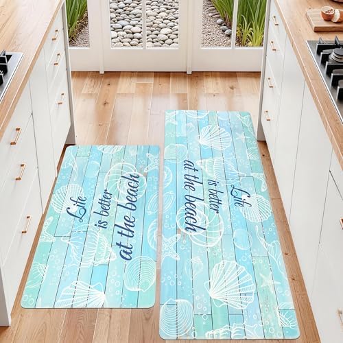 Beach Kitchen Mats for Floor Coastal Kitchen Rugs Cushioned Anti Fatigue Mats for Sink, Stove, Desk, Laundry,17"x30"+17"x47", Blue