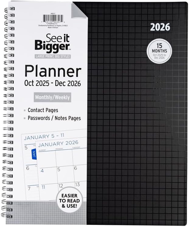 PlanAhead 2026 Planner - 11"x9.75" 15 Month Weekly & Monthly Academic Planner Notebook with Tabs - Black Grid Design - Spiral Calendar Agenda for School, Work & Office