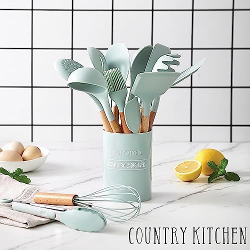 Country Kitchen Non Stick Silicone Utensil Set with Rounded Wood Handles for Cooking and Baking, 14 Piece Set, Mint