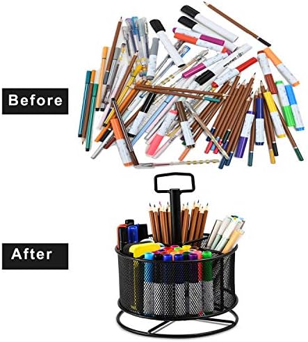 Marbrasse Mesh Desk Organizer, 360-Degree Rotating Multi-Functional Pen Holder, 4 Compartments Desktop Stationary Organizer, Home Office Art Supply Storage Box Caddy (Black)
