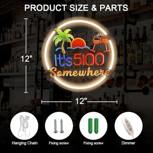 Its 5 00 O'clock Some Where Neon Sign for Wall Decor, 17" x 13" Dimmable LED Beer Sign, 5V USB Powered Bar Neon Light for Home Bar, Business Pub, Beach Party Wall Décor