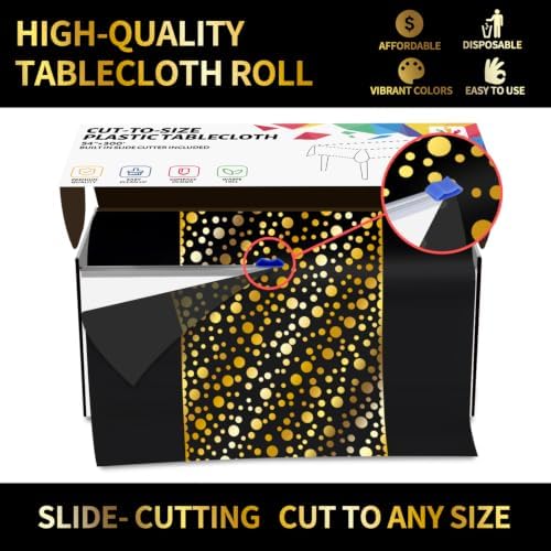CXPSINC 54 Inch X 300 Feet Plastic Table Cover Roll Disposable Tablecloth with Slide Cutter for All Type/Shape Tables | Party, Banquet, Birthdays, Weddings(Black Golden Dot, 300 Feet)