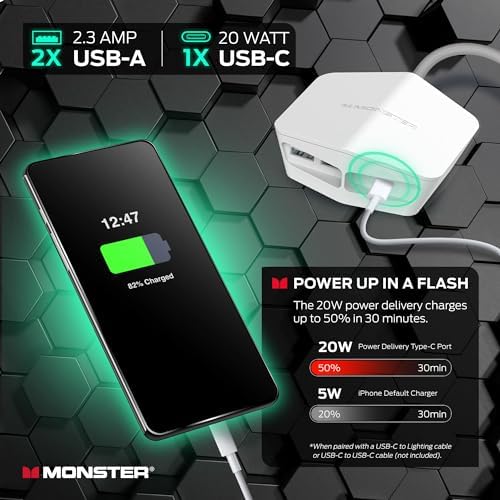 Monster Power Center Vertex XL Surge Protector with Detachable USB Power Strip with 10 AC Outlets, 2 USB-A Ports & 1 USB-C Port (20W)