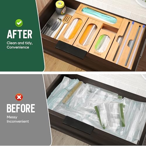 Storage Bag Organizer for Kitchen Drawer, 5-Slot, Bamboo