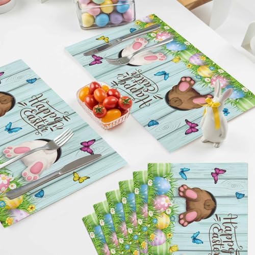 Spring Easter Placemats Set of 6, Funny Bunny Tails Rabbit Heat Resistant Washable Dining Table Mats Floral Farmhouse Decor for Kitchen&Table Linens Outdoor IndoorOutdoor Indoor
