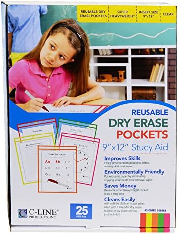 C-Line Reusable Dry Erase Pockets, 9 x 12 Inches, Assorted Neon Colors, 25 Pockets per Pack (40820)