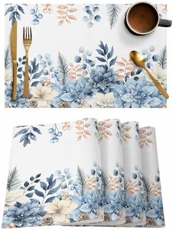 Blue Christmas Poinsettia Placemat 1PC, Winter Eucalyptus Leaves Heat Resistant Washable Table Place Mats Cotton Table Linens Party Holiday Decor for Kitchen Dining Outdoor Indoor