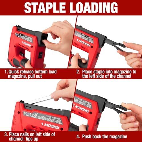Arrow ET501C Cordless 5-In-1 Professional Staple and Nail Gun, Battery Powered Wire Stapler and Brad Nailer for Upholstery, Framing, Roofing, Crafts, Fencing, Cable, Black/Red