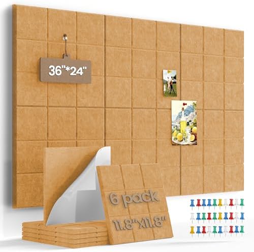 Bulletin Board 6 Pack Large Pin Board 11.8" x 11.8", Felt Board Tiles with 30 Push Pins Alternative to Cork Board for Wall Damage-Free, Self Adhesive Notice Board Memo Board for Home Office