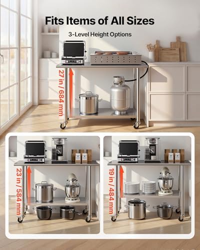 VEVOR Stainless Steel Work Table, 24x48 inch Food Prep Table with Wheels and Backsplash, Commercial Kitchen Workstation with Adjustable Undershelf, Metal Utility Worktable, for Restaurant Home Outdoor