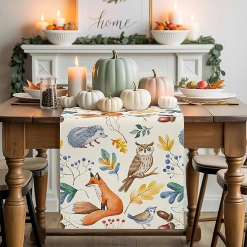 Fall Table Runner Autumn Animal Table Runners Harvest Thanksgiving Owl Bird Fox Leaves Cotton Linen Dresser Scarf Kitchen Dining Table Decor for Autumn Holiday Party Coffee 13x108 Inch