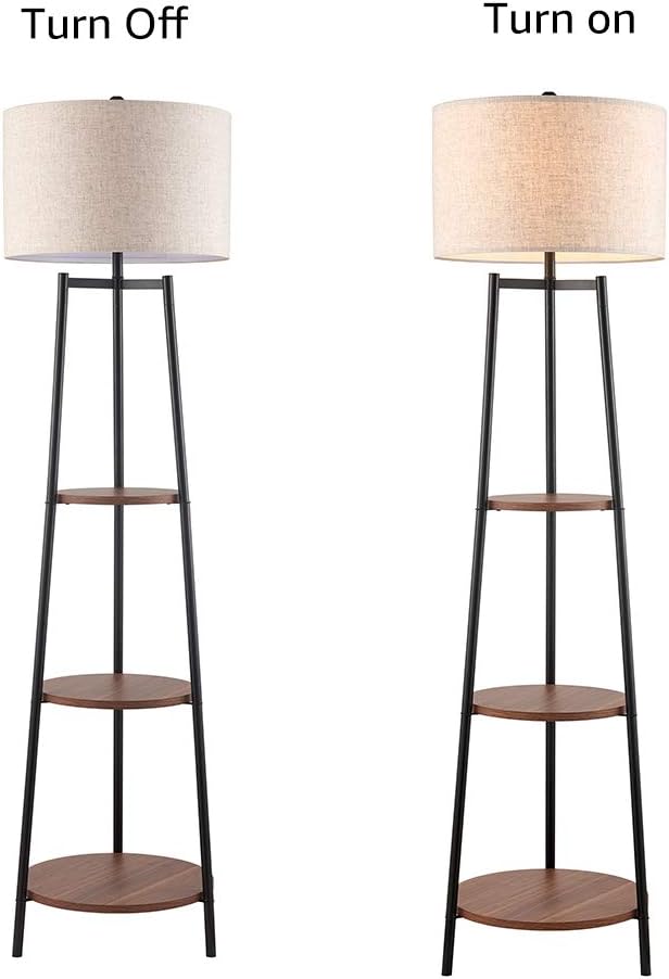 ROSEN GARDEN Floor Lamp, Standing Reading Light with Shelves and Fabric Shade, Modern Tall Pole Lamp, Accent Furniture Décor Lighting for Living Room, Bedrooms Black