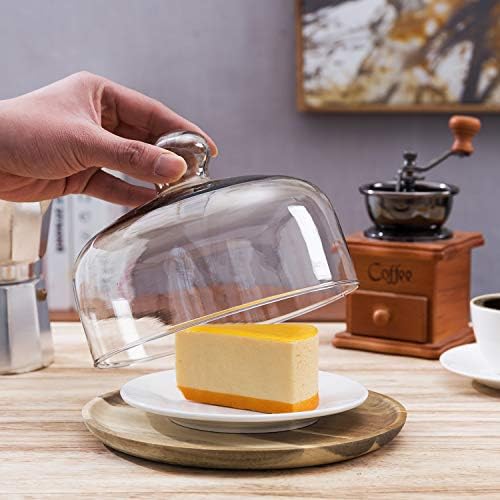 MyGift Cloche Dome Clear Glass Dessert Cheese Serving Tray 7.5 Inch Small Cake Cupcake Stand with Acacia Wood Base for Party Wedding (Pack of 4)