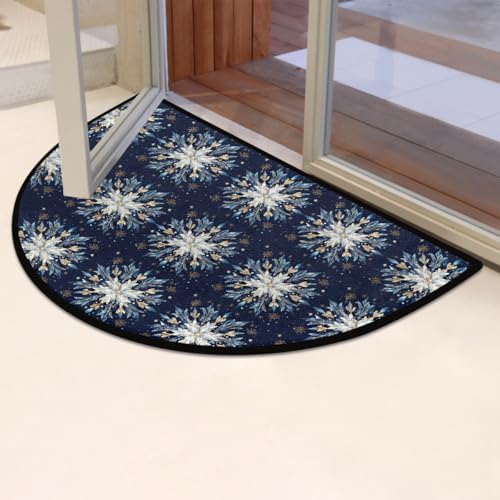 Christmas Blue Decoration Half Round Door Mat Non Slip Washable Semi Circle Area Rug Absorbent Soft Half Moon Rug Floor Mat for Indoor Outdoor Kitchen Bathroom Patio Front Door Mat Decor