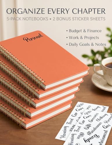 5 Pack Hardcover Spiral Notebooks, 8.3" x 6.3" Lined Journal Set, 100 GSM Bleed-Resistant Paper, 200 Pages Twin-Wire Bound Notebook with Elastic Band & Category Stickers for Office, School