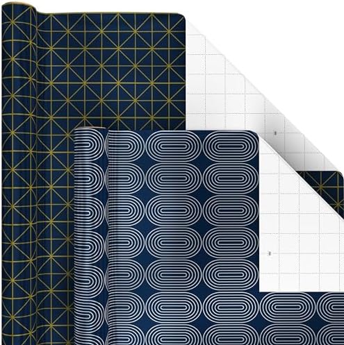 Hallmark Bulk Wrapping Paper Rolls for Birthday, Wedding, Graduation – Blue Metallic Gift Wrap Paper (Set of 6 Rolls: 180 Square Feet Total) Silver Stars, Gold Dots, Stripes, Navy