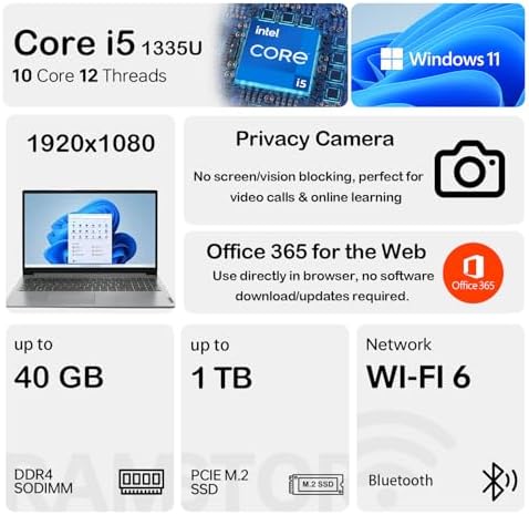 Lenovo IdeaPad Eco-Friendly Slim Laptop, 15.6" FHD Business and Student, Office 365 for The Web, Intel 10-Core i5-1335U(Beat Ryzen 7 7730U), 8GB RAM, 128GB SSD, Wi-Fi 6, Privacy Camera, Win11 Home
