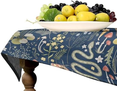 Fairy Forest Tablecloth, Retro Dark Blue Woodland Wildlife Owl Squirrel Print Rustic Flowers Mushrooms Table Cloth for Outdoor Picnic Home Dining Kitchen Table Decor 55x55in