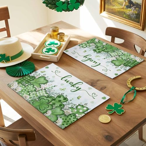 St. Patrick's Day Placemats Set of 6, Lucky Clovers Place Mats Washable Dining Table Mats Spring Holiday Party Decor for Kitchen&Linens Outdoor Indoor, Blue Green Shamrock Leaves