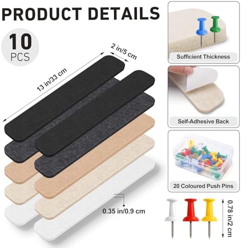HAUTOCO Felt Bulletin Strips 10 Pack, 13" x 2" Self Adhesive Pin Board Set with 20 Push Pins, Peel and Stick Memo Board for Photos, Notes & Wall Decor, Bulk Wall Organizer for Dorm, Bedroom & Office